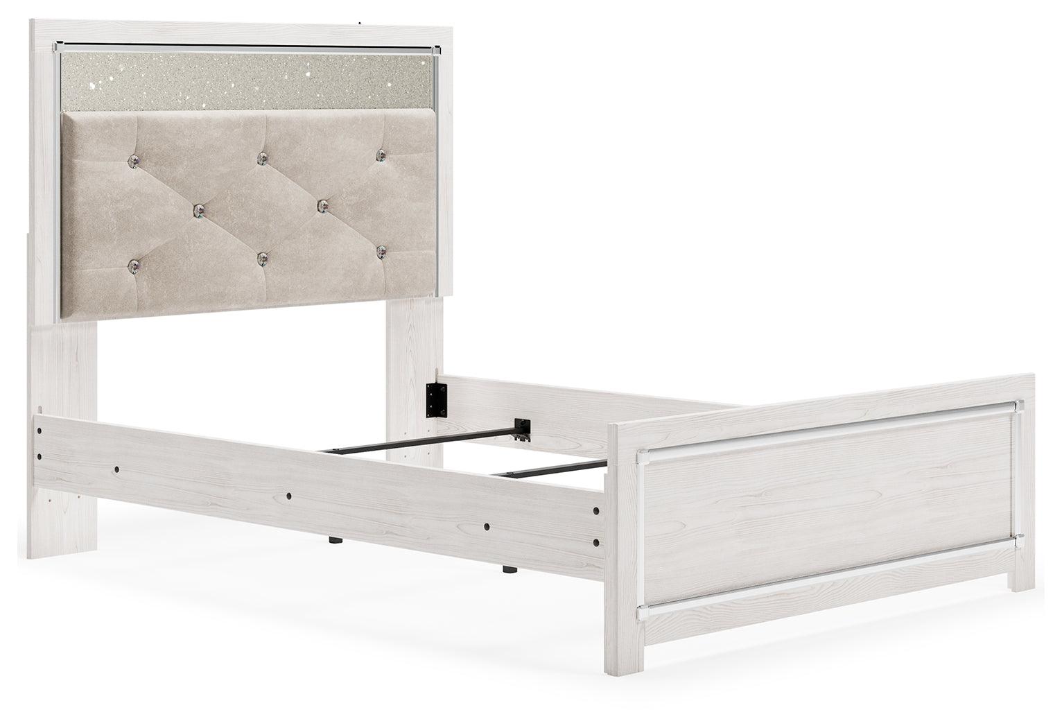 Altyra White Full Panel Bed, front view highlighting upholstered headboard