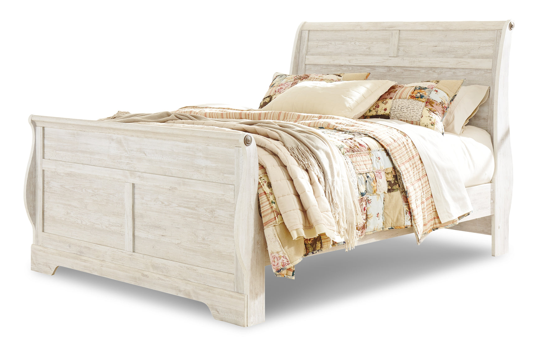 Willowton Whitewash Queen Sleigh Bed detail of planked headboard