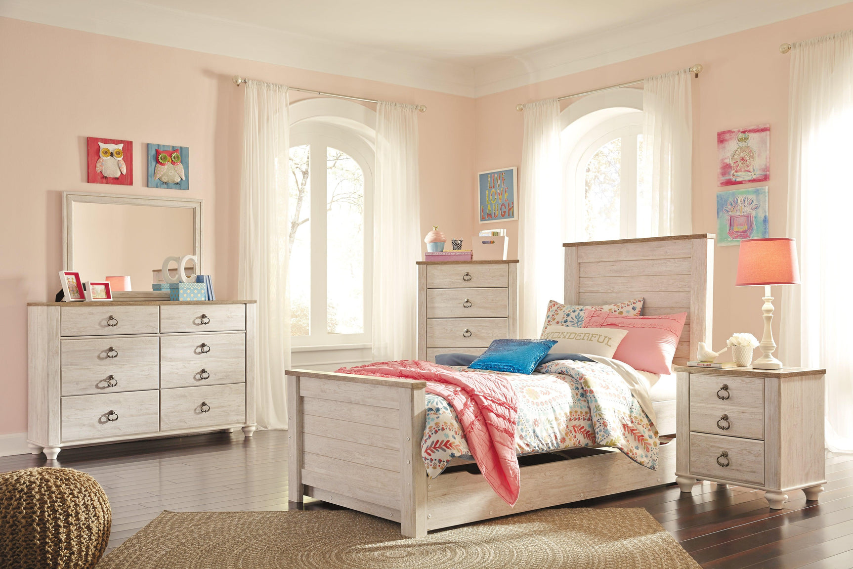 Side angle of Willowton Two-Tone Nightstand showing plank-effect top
