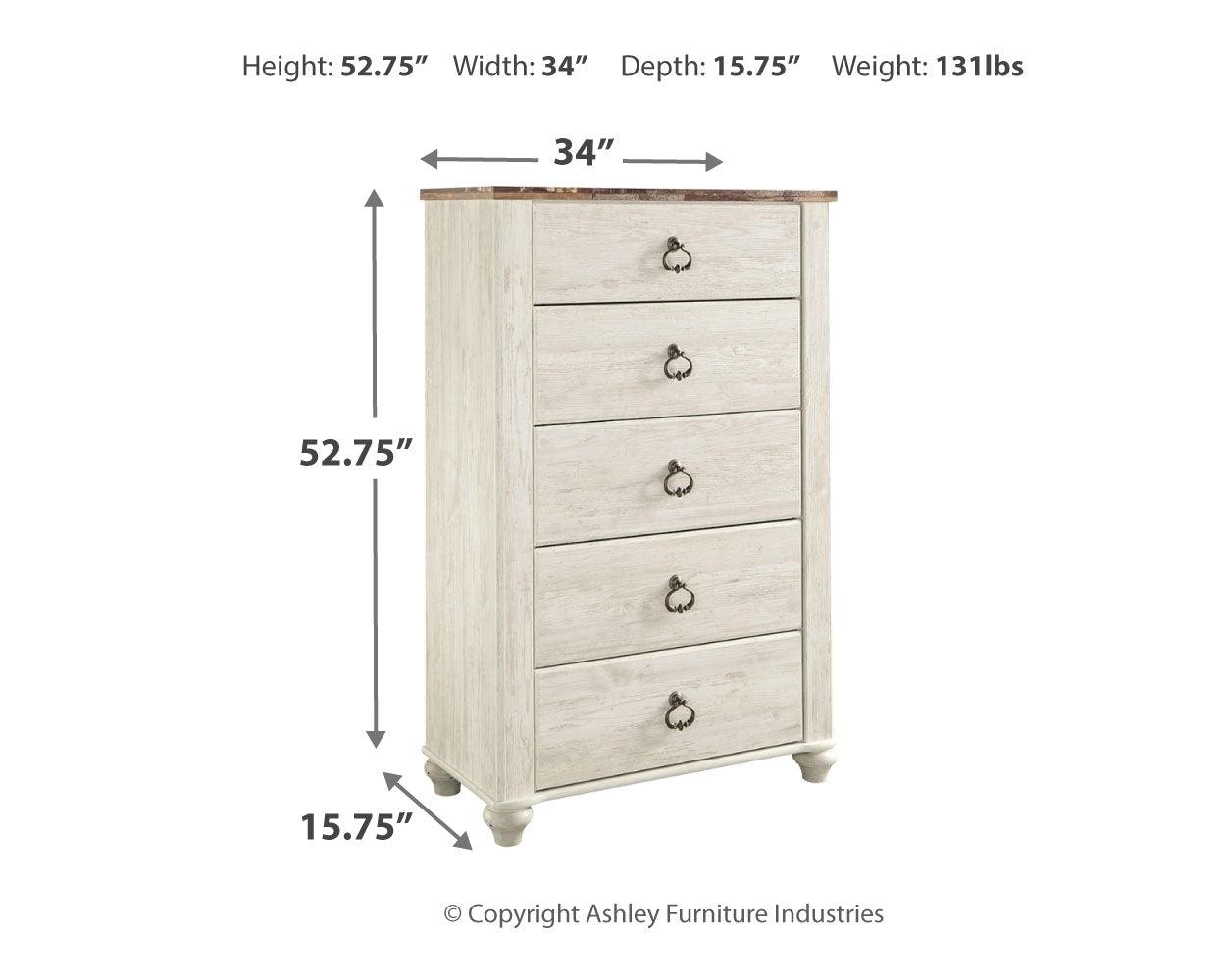 Willowton Chest of Drawers assembly and dimension diagram