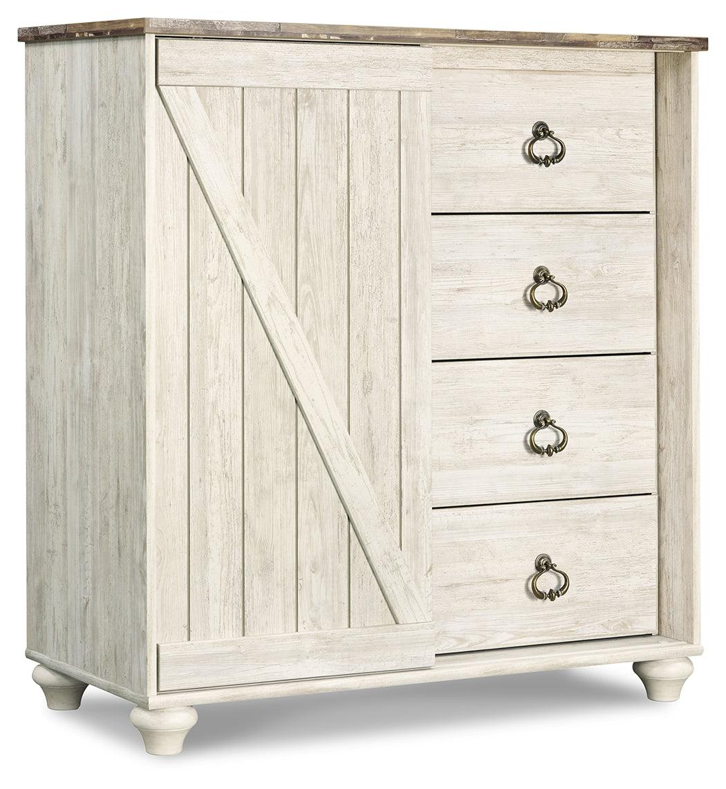 Angled side view of Willowton Whitewash Dressing Chest highlighting plank-effect top