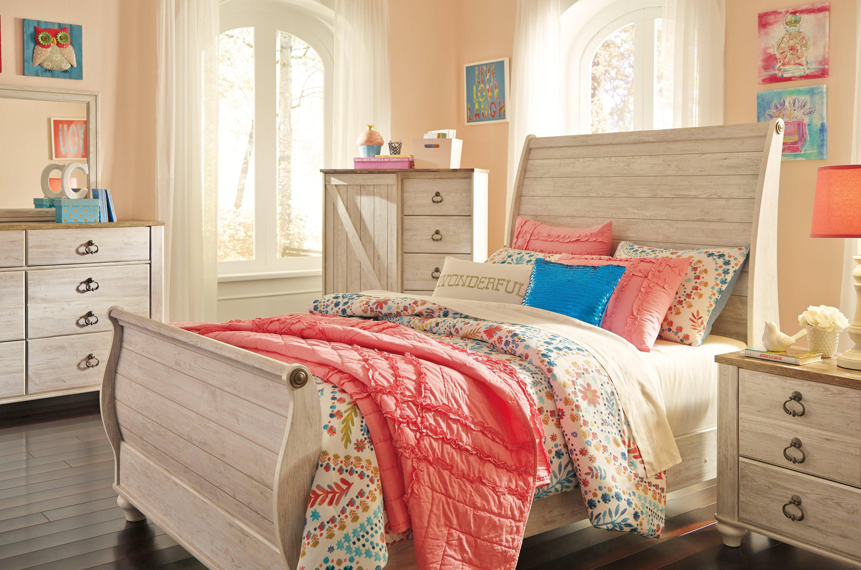 Lifestyle view of Willowton Whitewash Dressing Chest in bedroom setting