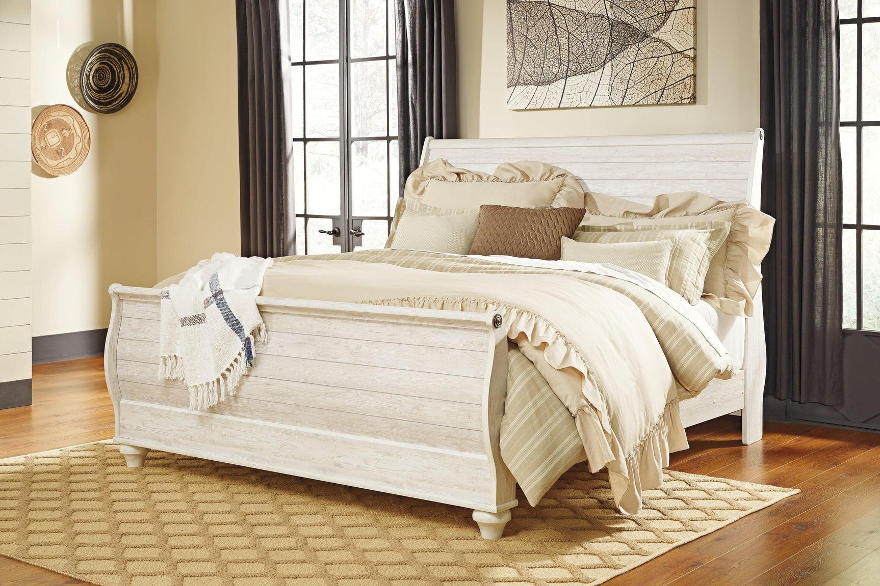 Willowton Whitewash Queen Sleigh Bed styled in bedroom setting