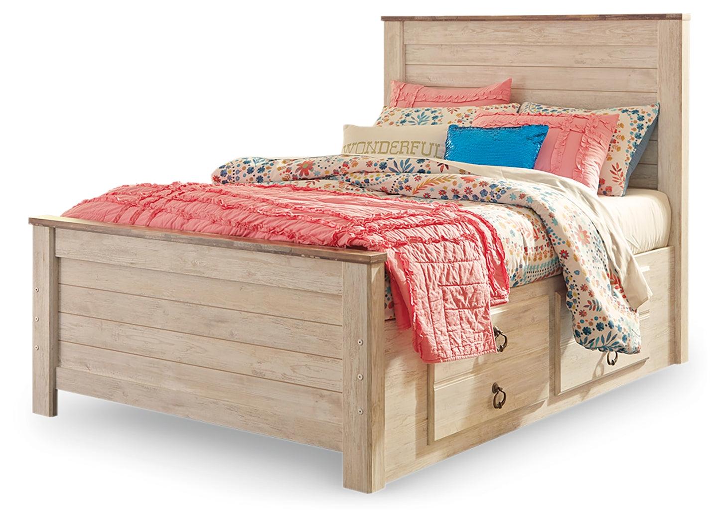 Willowton whitewash full panel bed angled side view with storage drawers