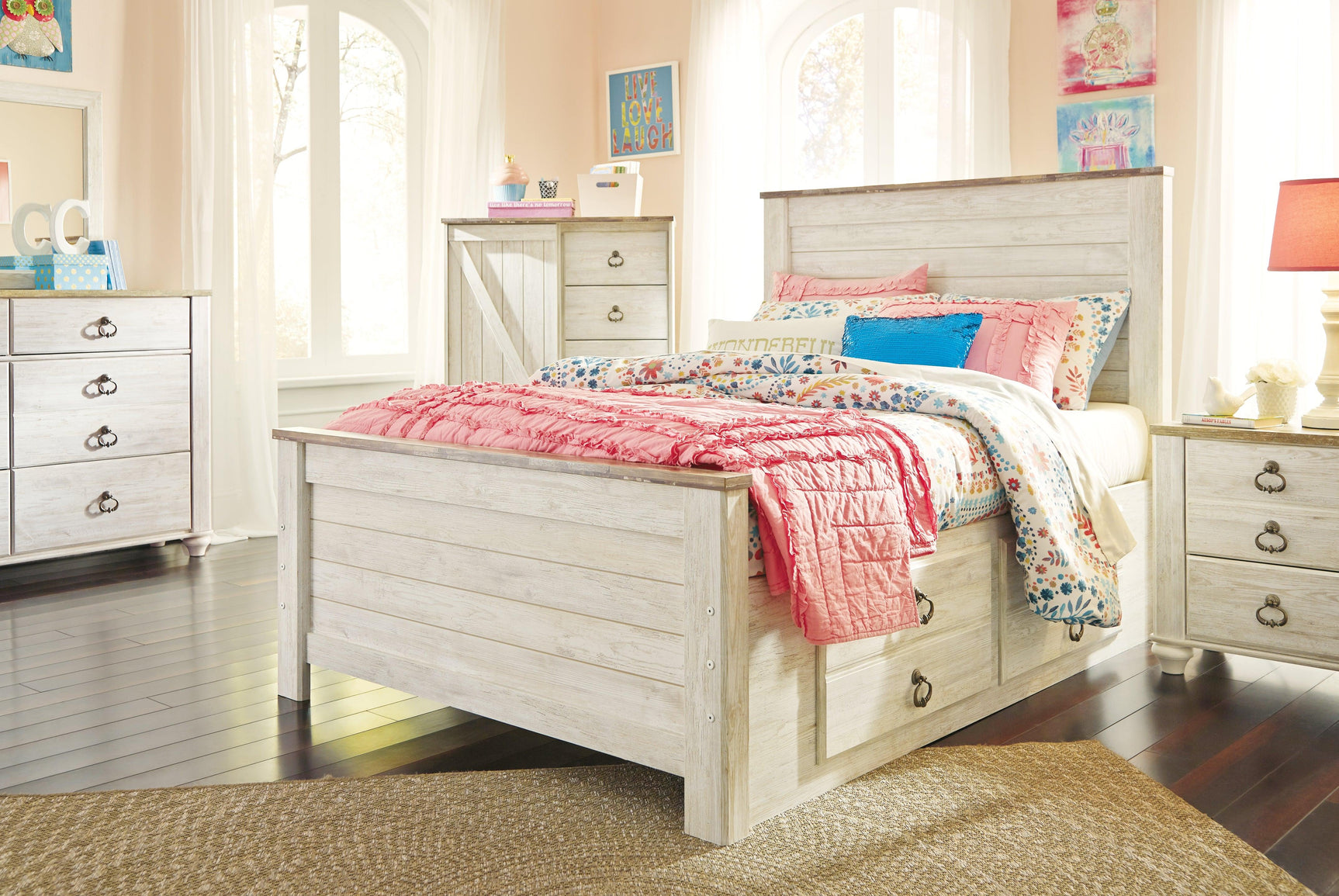 Top detail of whitewashed wood grain on bed panels