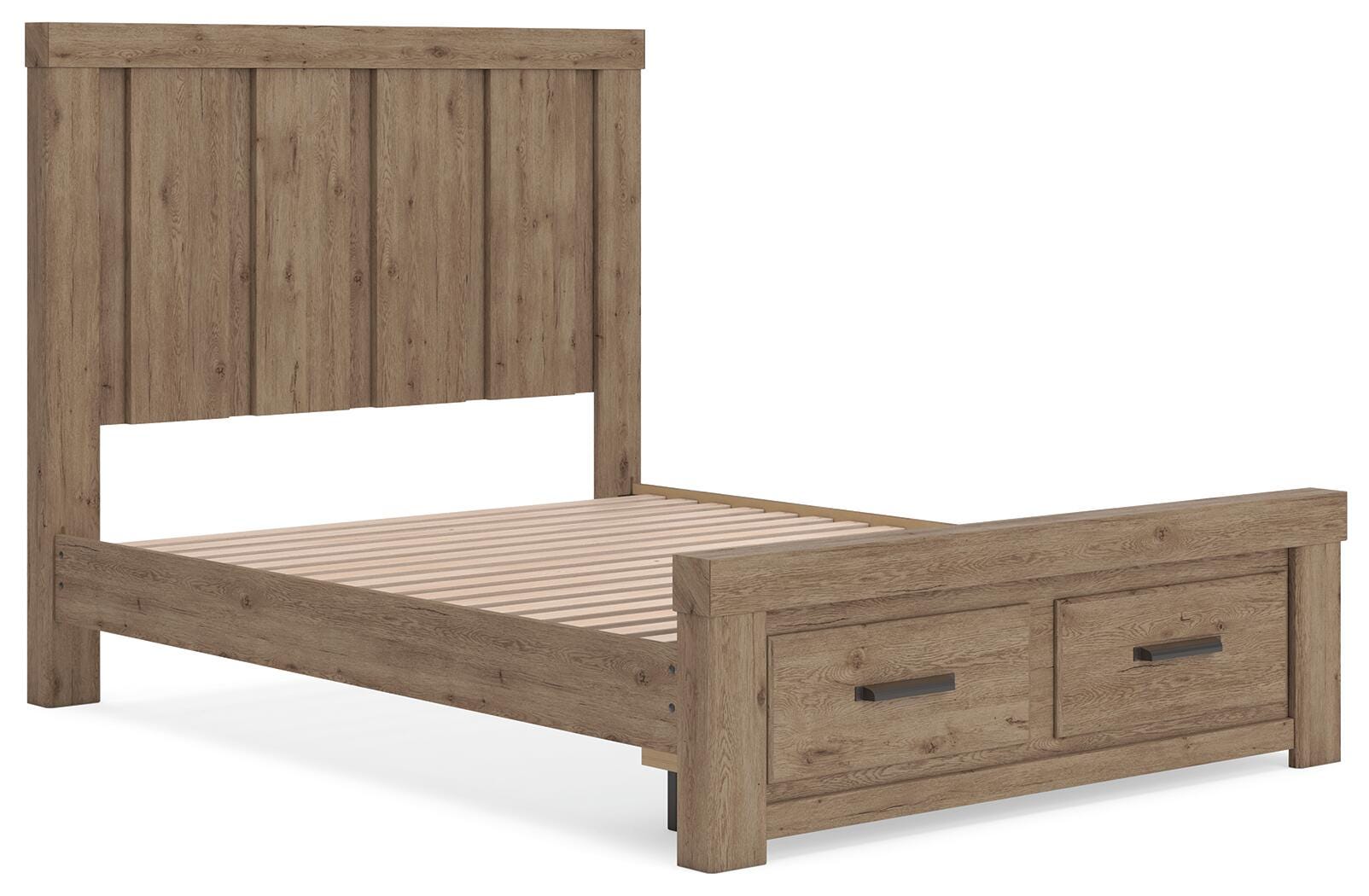Oliandon Light Brown Panel Storage Bed. Dresser, Mirror Bedroom Set angled view