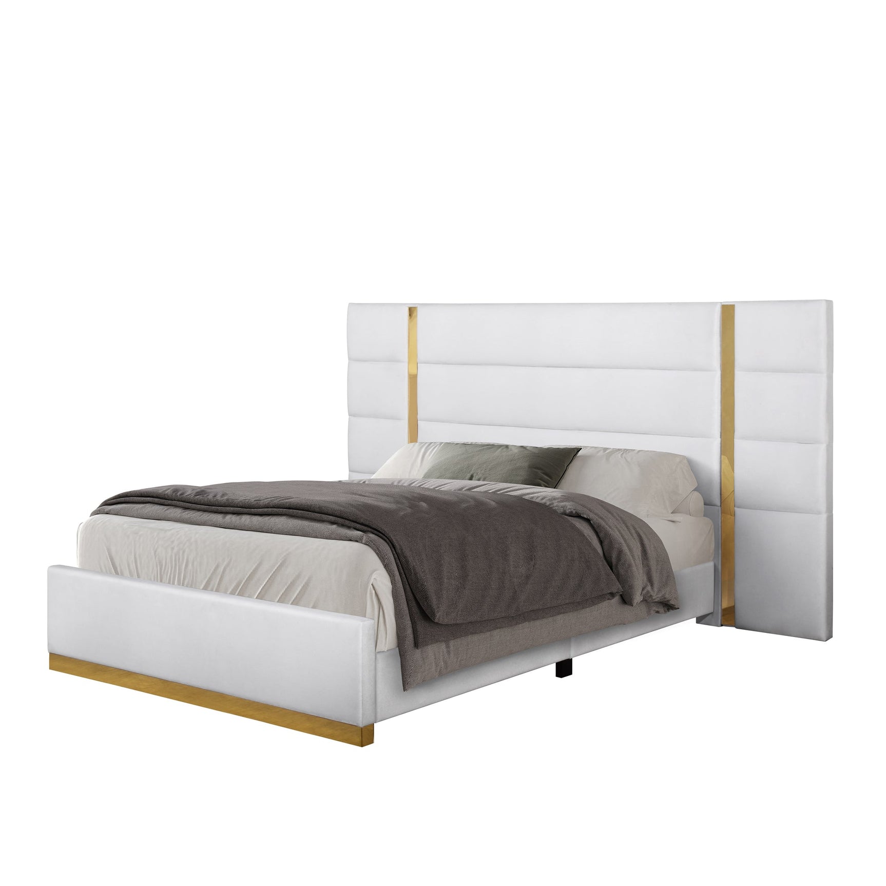 Front view of Darya bed with upholstery and gold accents