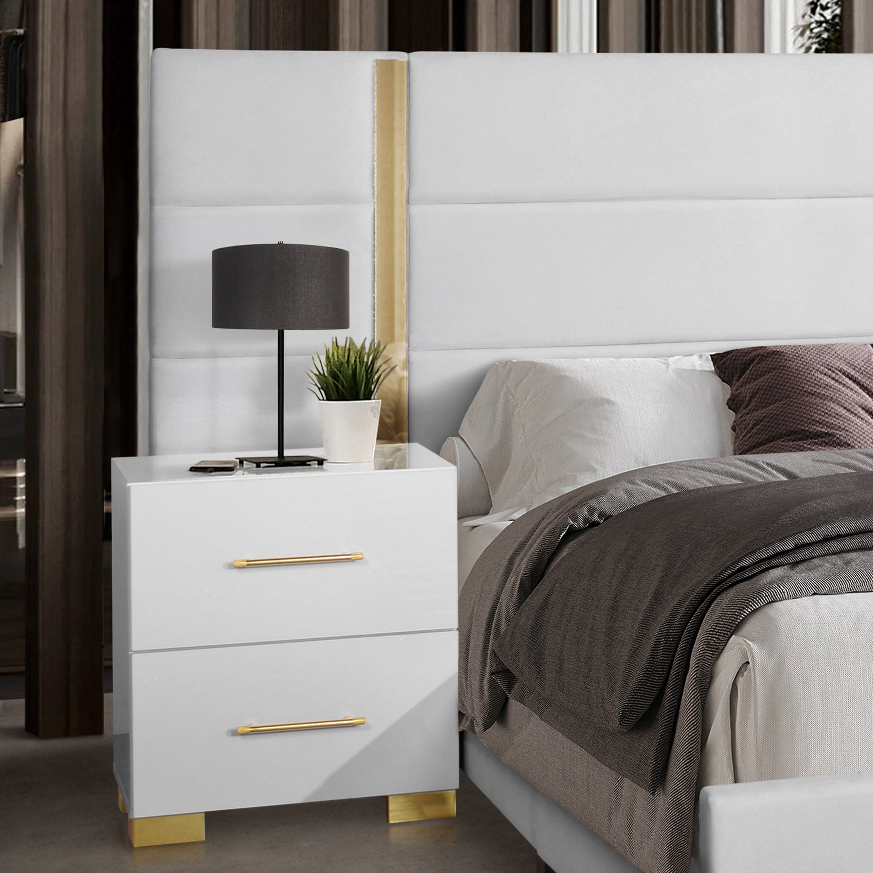 Side view of Darya White Upholstered Platform Bedroom Set bed
