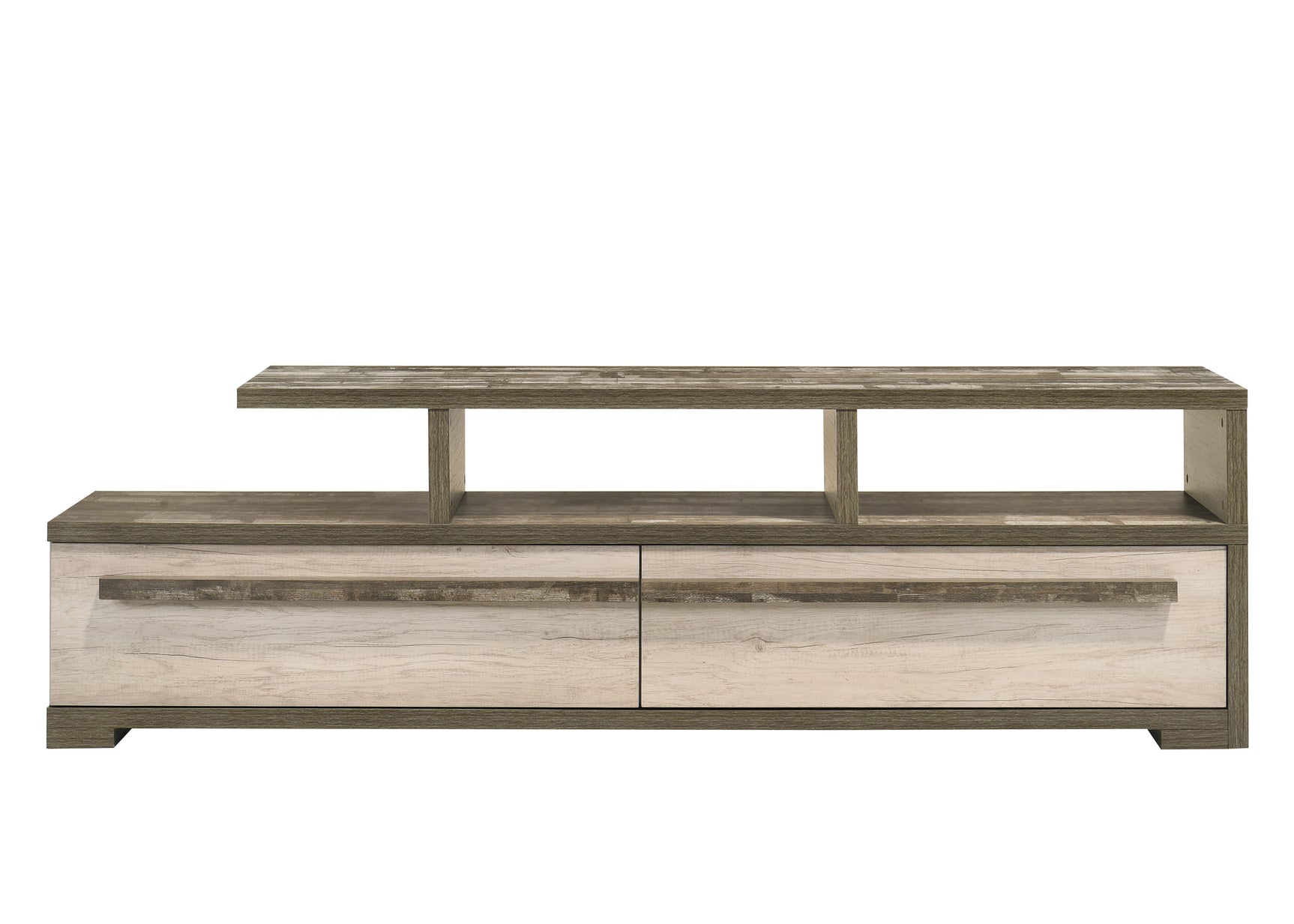 Patterson Natural Gray TV Stand angled view showing storage