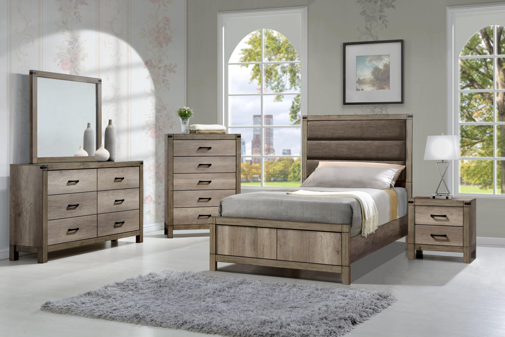 Matteo Melamine Finish Fabric Upholstered Panel Bedroom Set, Heat, Moisture, Stain Resistant, Contemporary Rustic - Ella Furniture