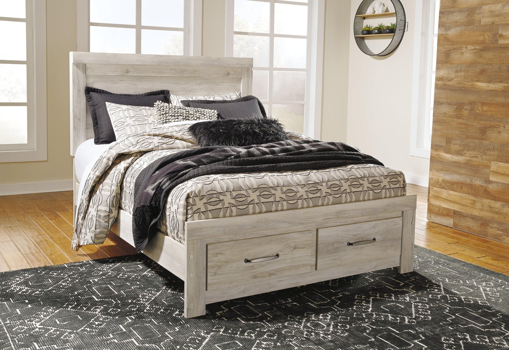 Close-up of slatted headboard with whitewashed oak grain effect