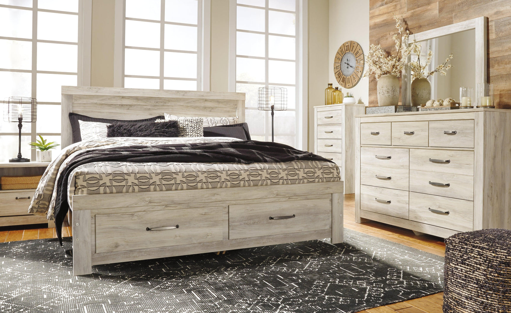 Bellaby Whitewash King Platform Bed in Styled Bedroom Setting