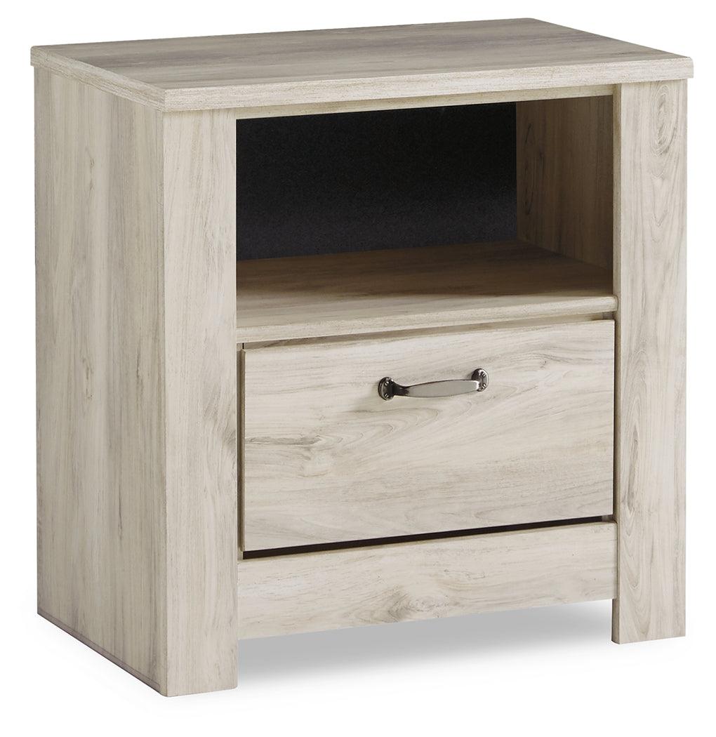 Side profile of Bellaby Whitewash Nightstand with storage cubby