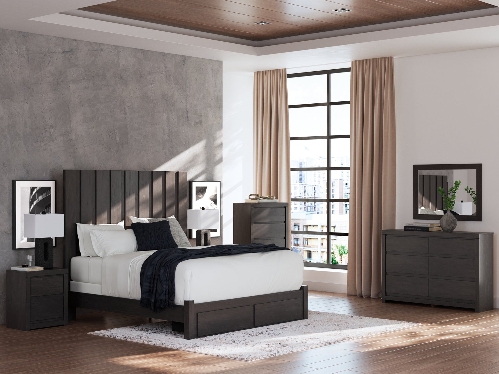 Fraluna Charcoal Nightstand styled in bedroom