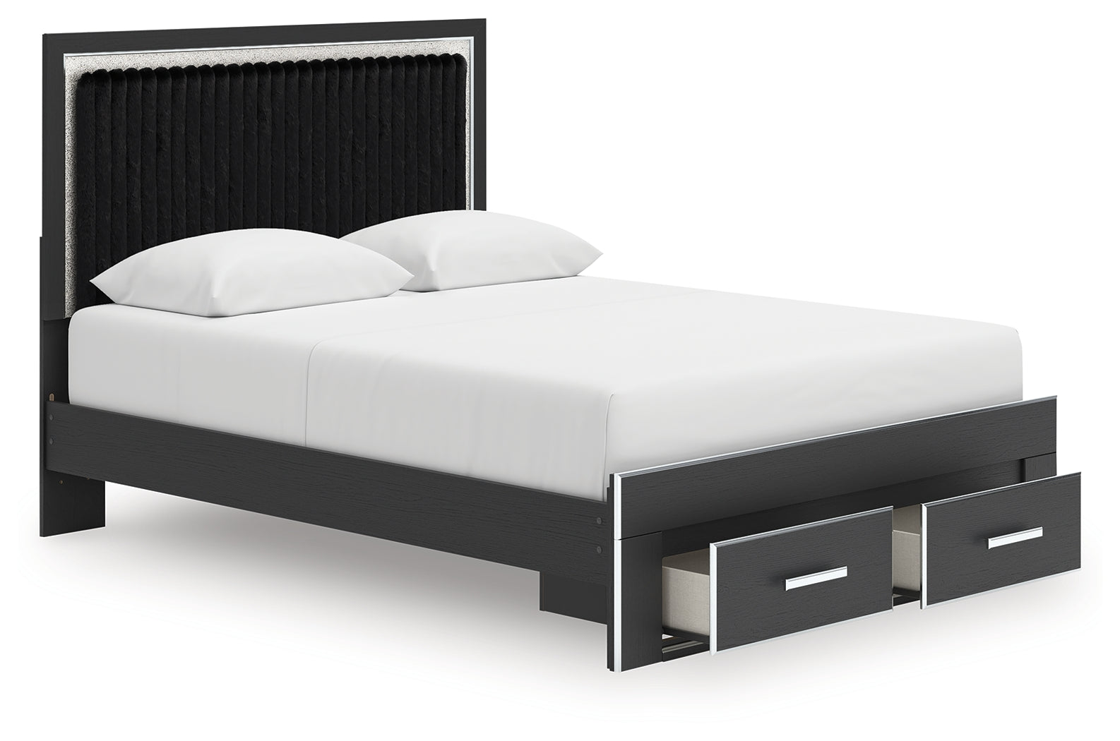 Open storage drawer with faceted chrome-tone handle