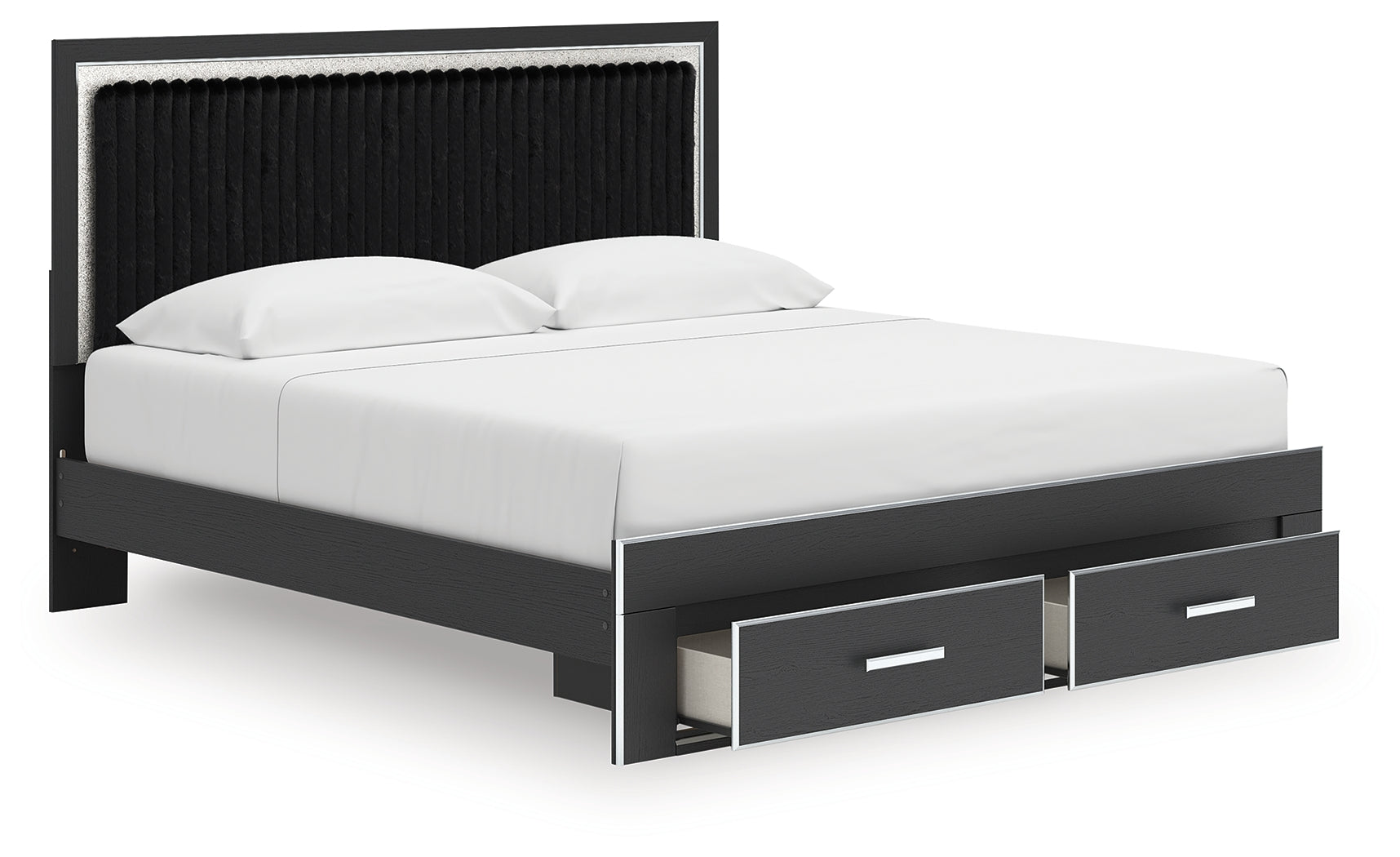 Zuraleus Black King Upholstered Panel Storage Bed drawers open