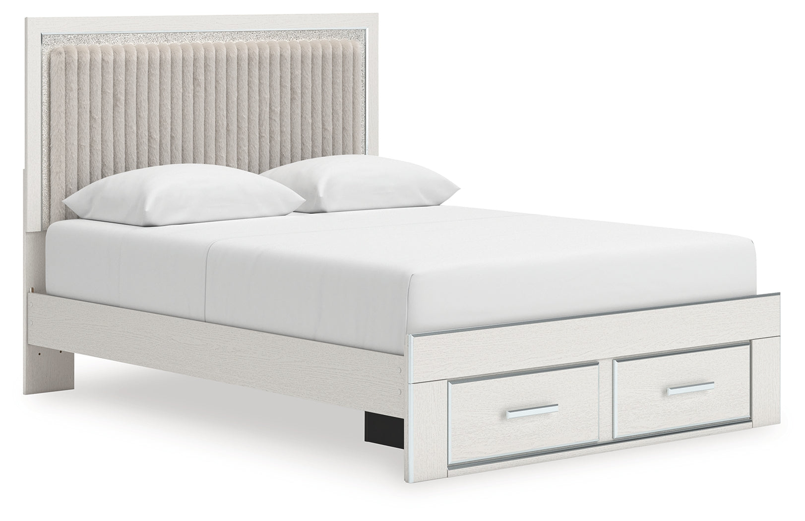 Angled side view of Zuraleus white queen storage bed