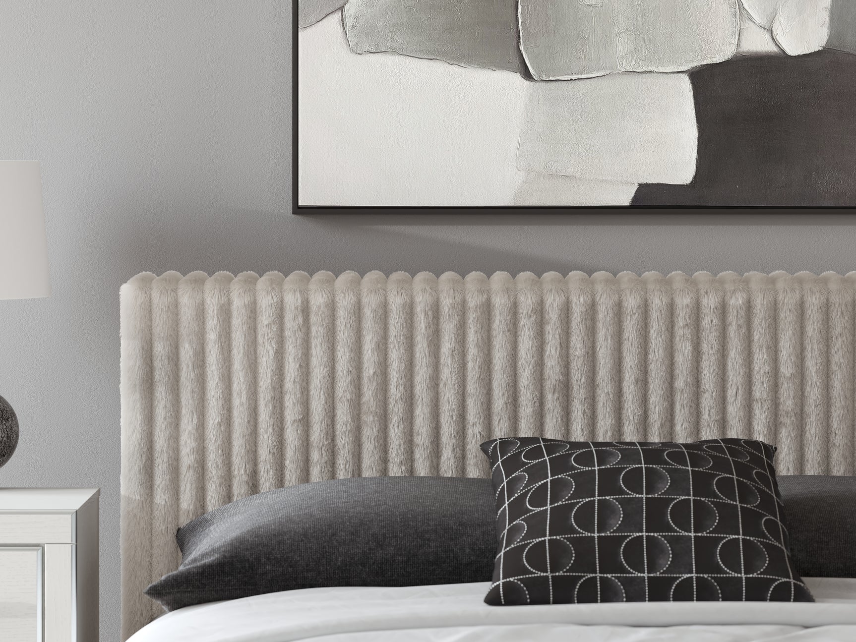 Close-up detail of upholstered headboard and fabric texture