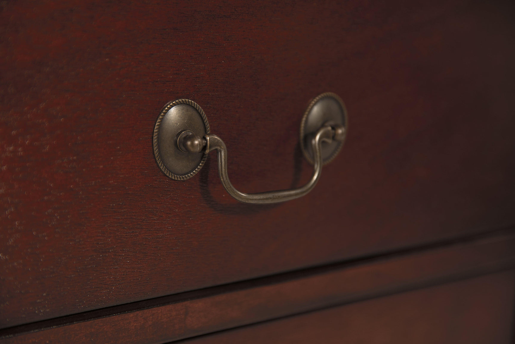 Detail of Alisdair Nightstand hardware and wood grain