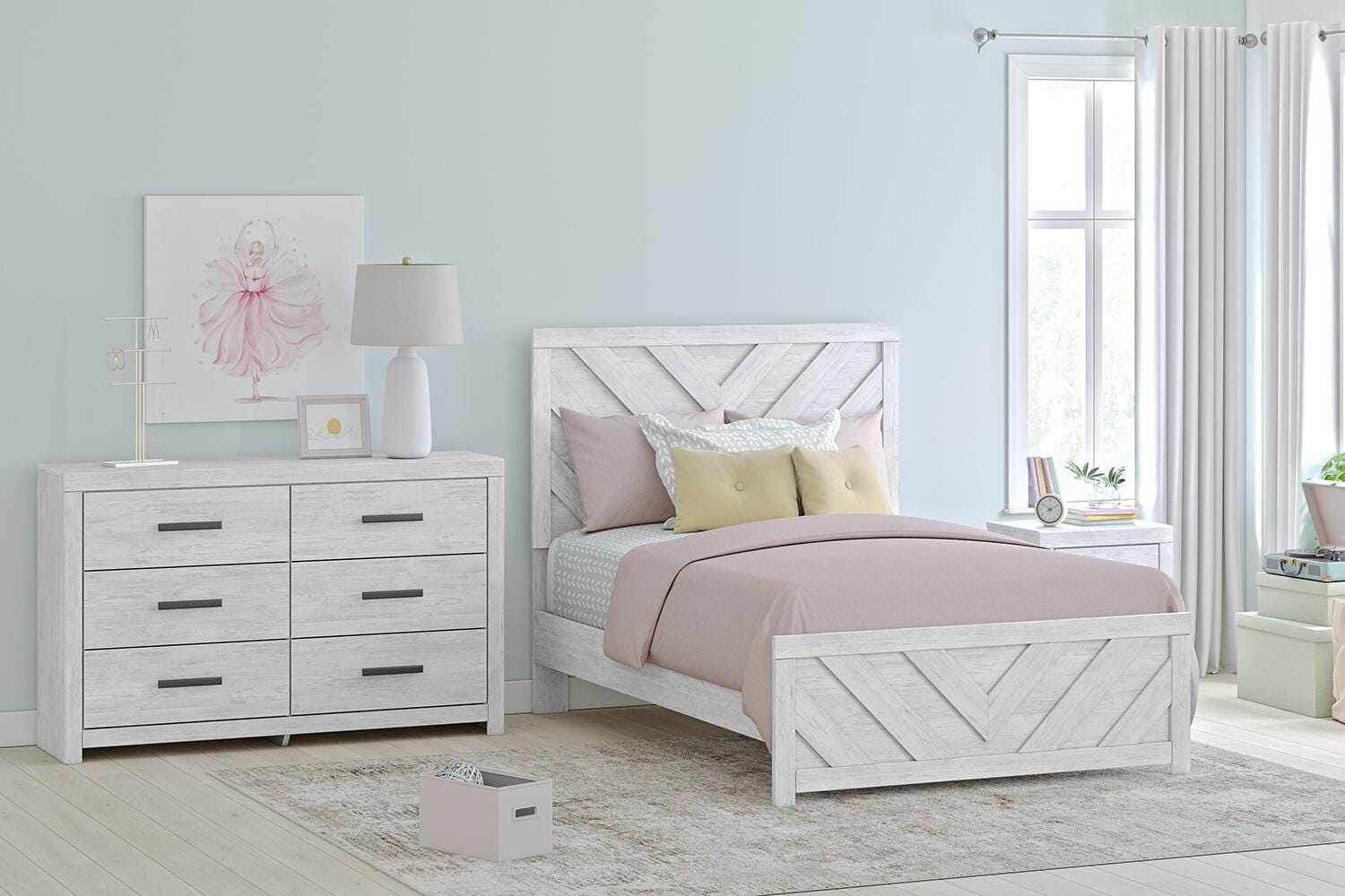Cayboni Whitewash Panel Bedroom Set Full 3: Bed, Dresser, Mirror from Decor Furniture