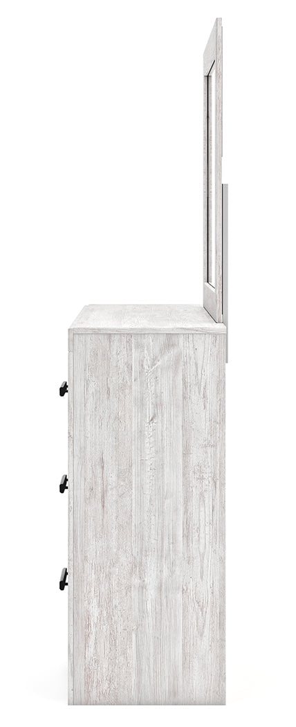 Side angle of Cayboni whitewash dresser showing drawer profile
