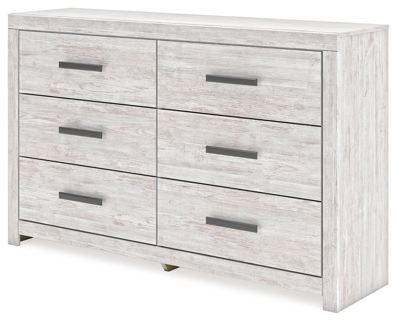 Side angled view of Cayboni whitewash dresser