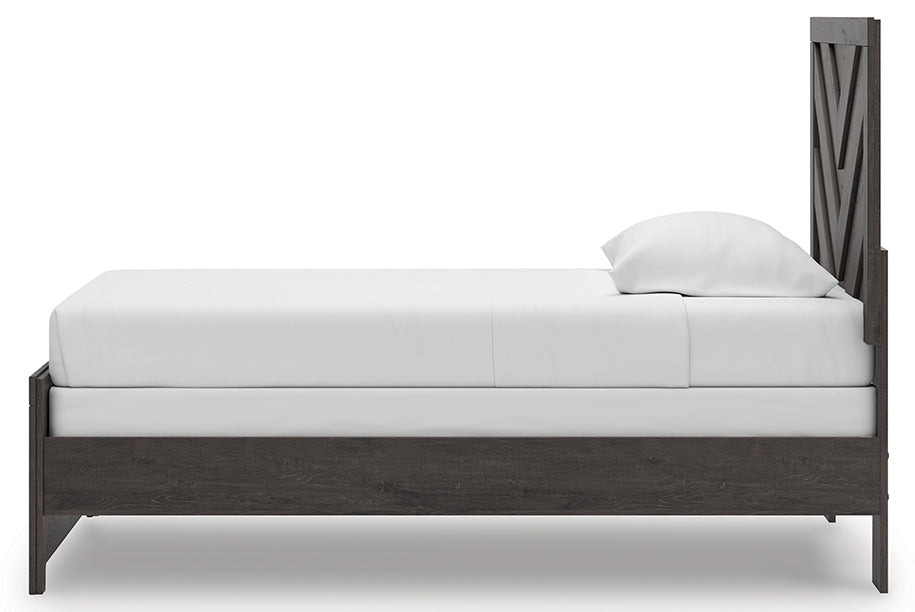 Prendonea Charcoal Twin Panel Bed side angle