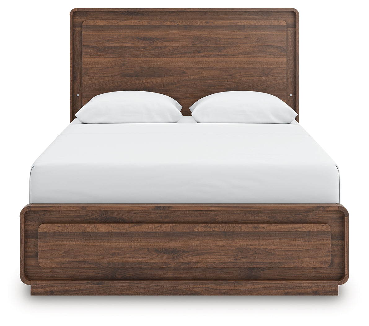 Side angled look of Fortlorn panel bed in rich walnut