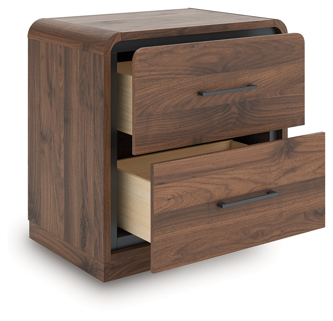 Open drawers of Fortlorn Walnut Brown Nightstand displaying interior