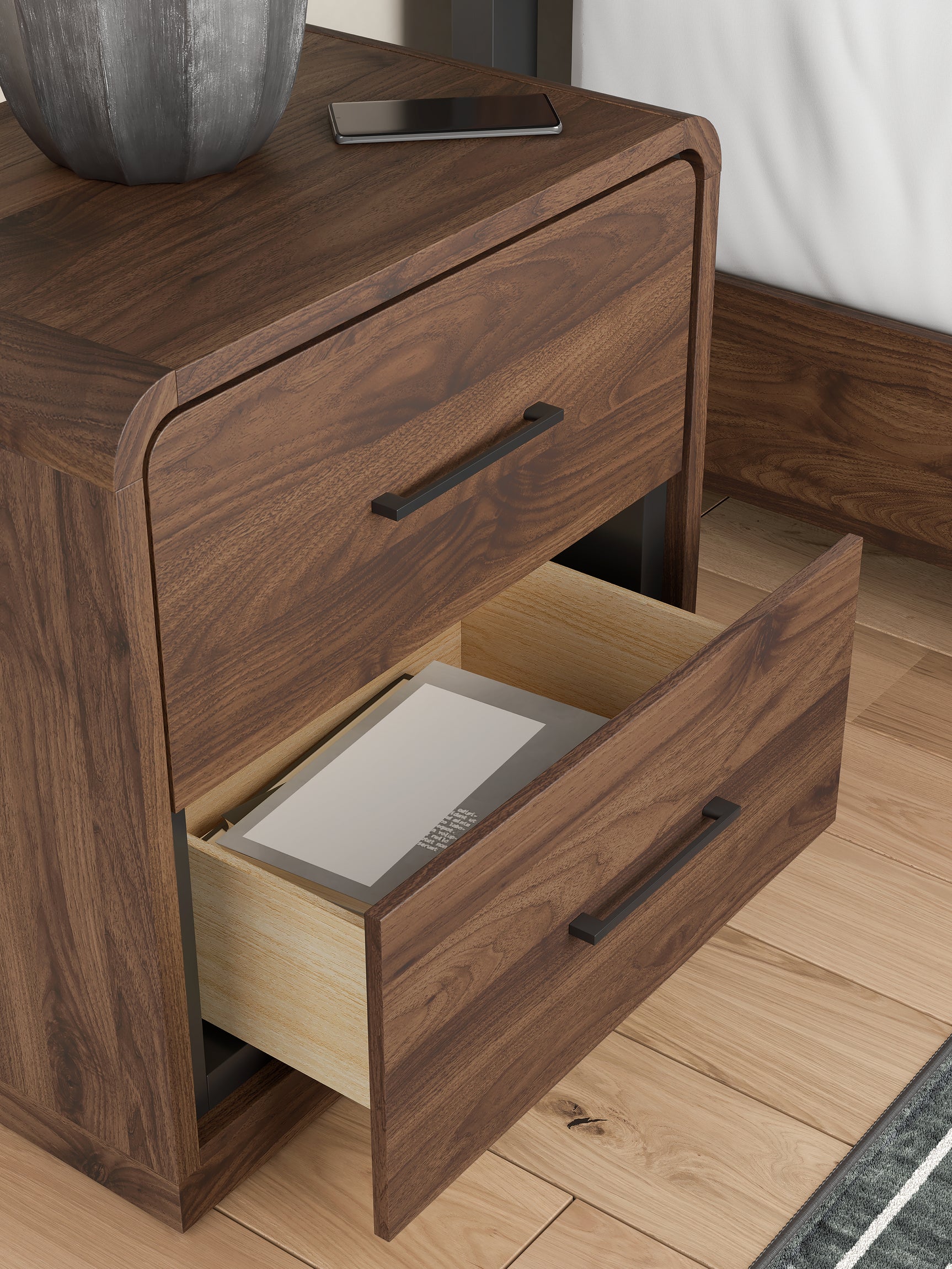 Close-up detail of black hardware and wood grain