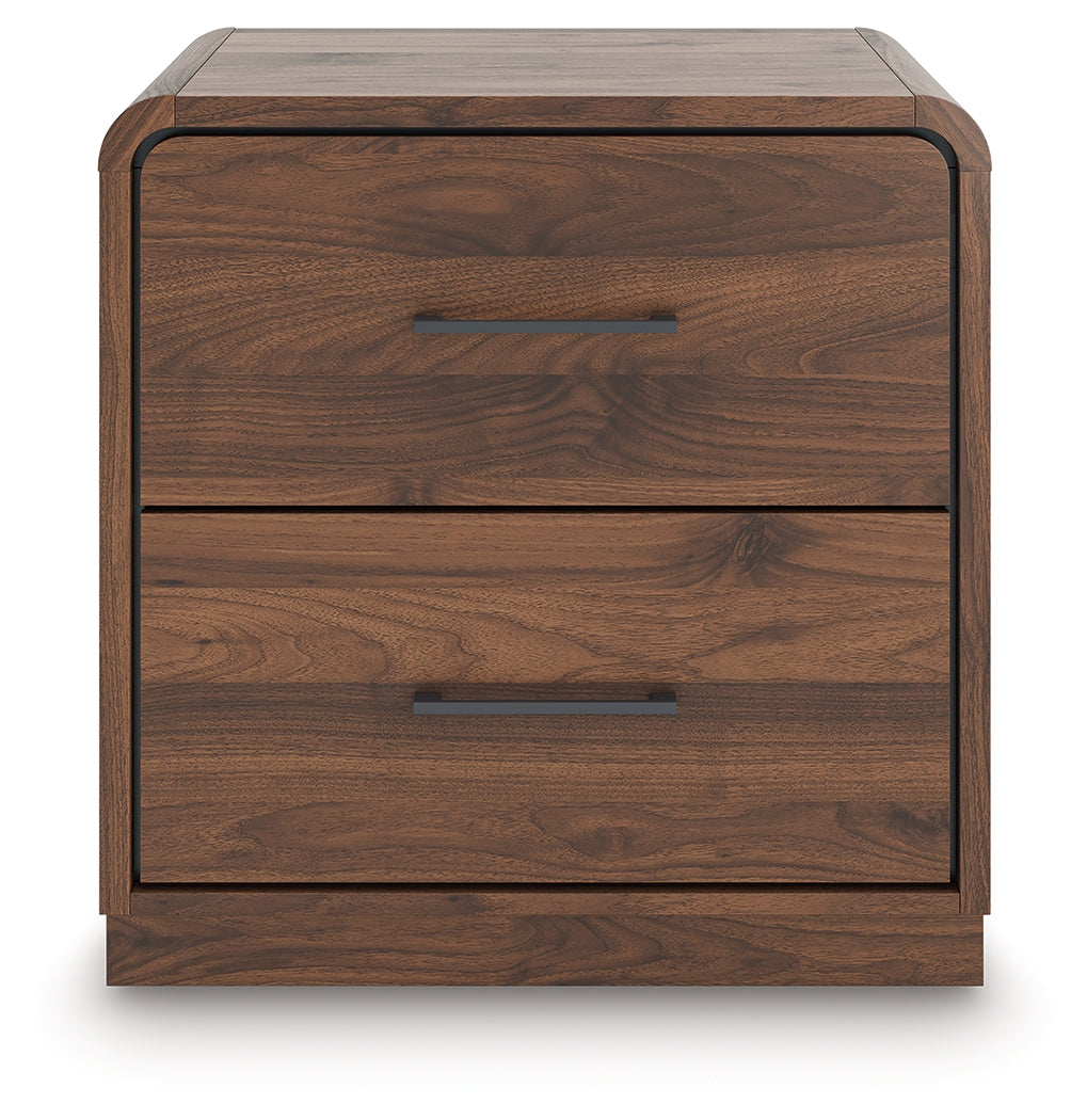 Front close-up of Fortlorn Nightstand wood grain and hardware