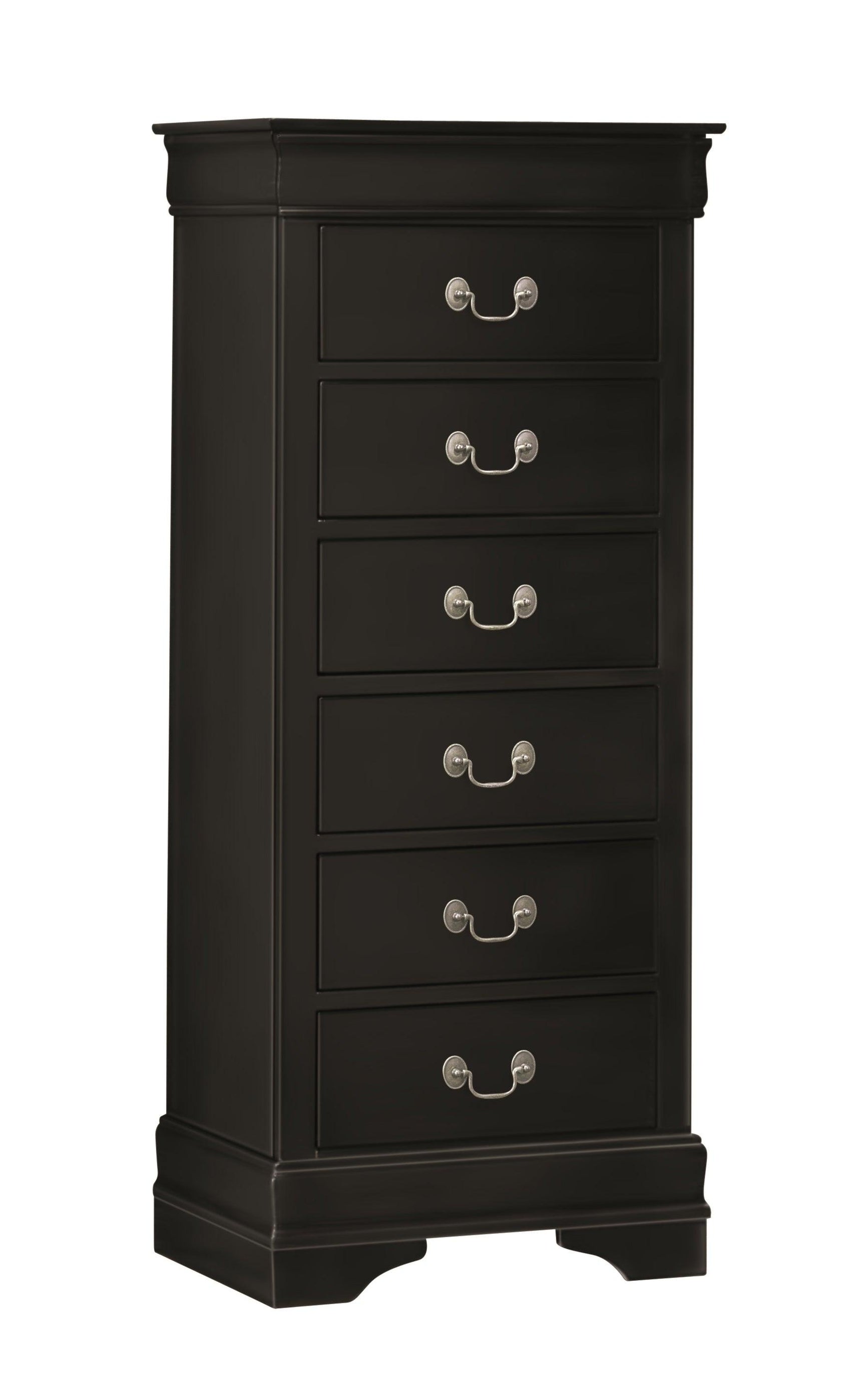 Side view of Louis Philip black nightstand showing two drawers