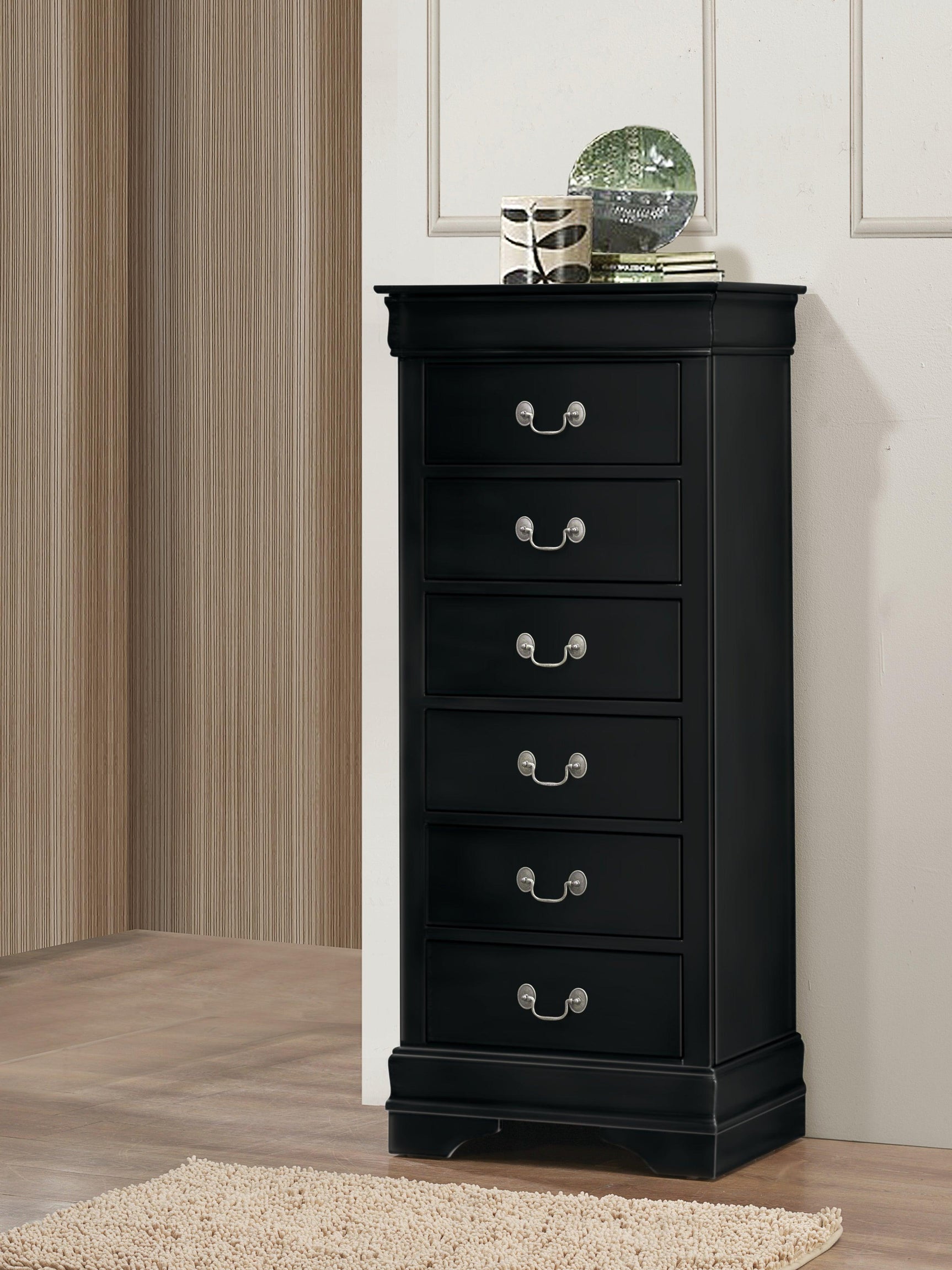 Close-up of pewter bail hardware on Louis Philip nightstand drawer