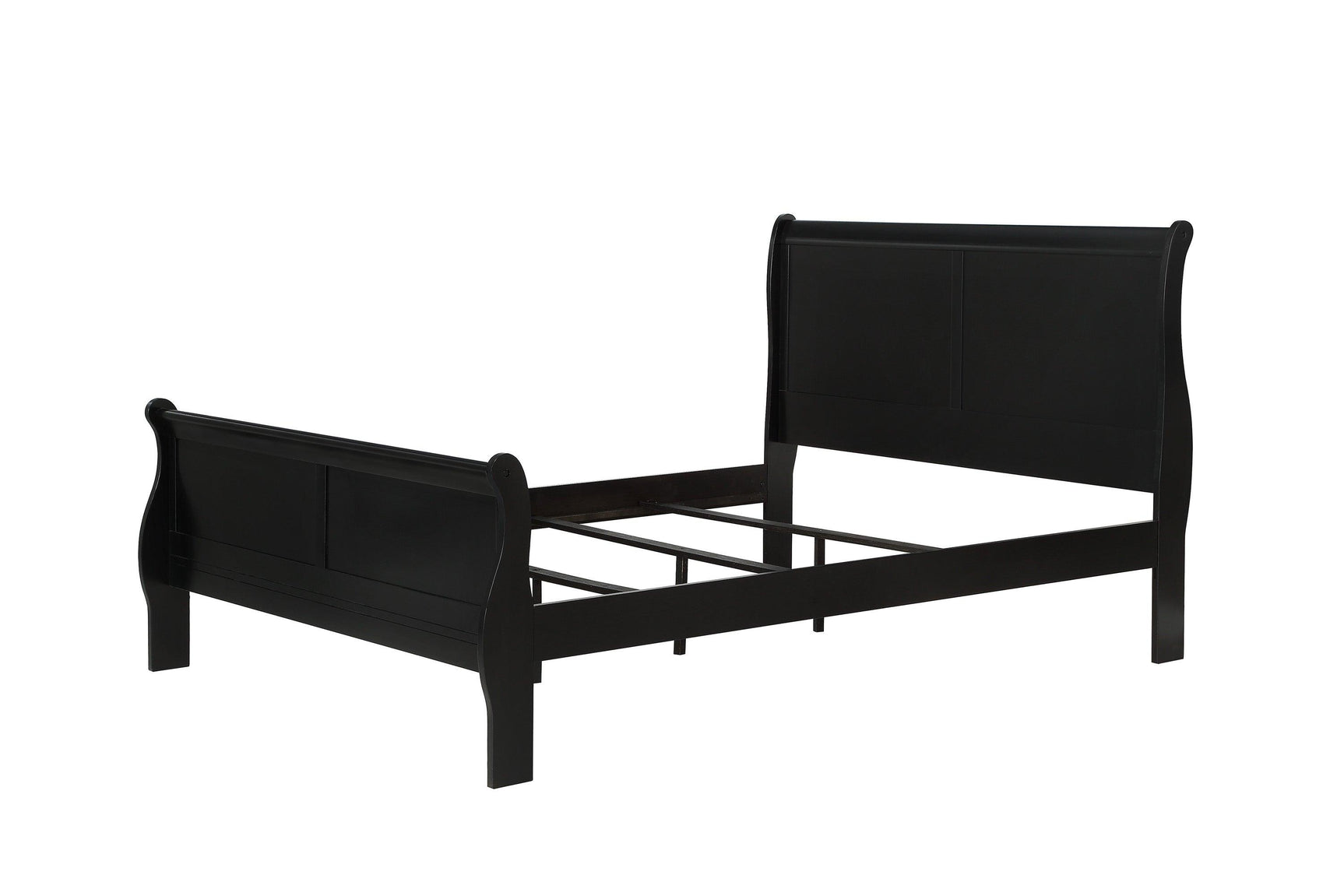 Louis Philip queen black sleigh bed showing headboard and footboard