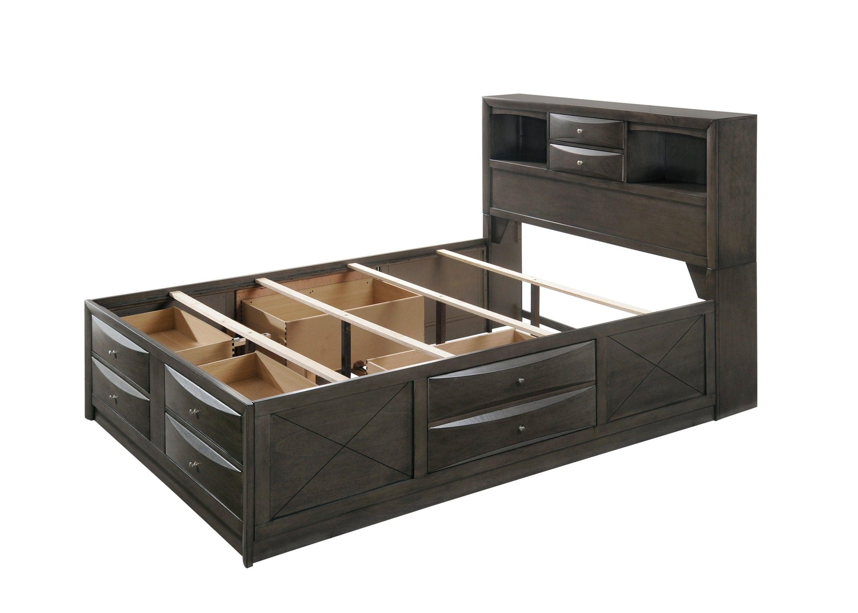 Side view of Emily Gray Oak Storage Platform Bedroom Set bed