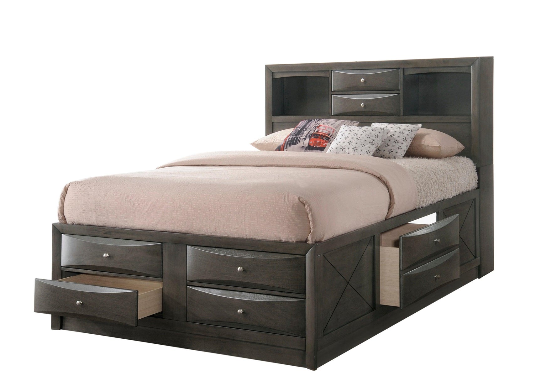 Bedroom view of Emily Gray Oak Storage Platform Bedroom Set bed