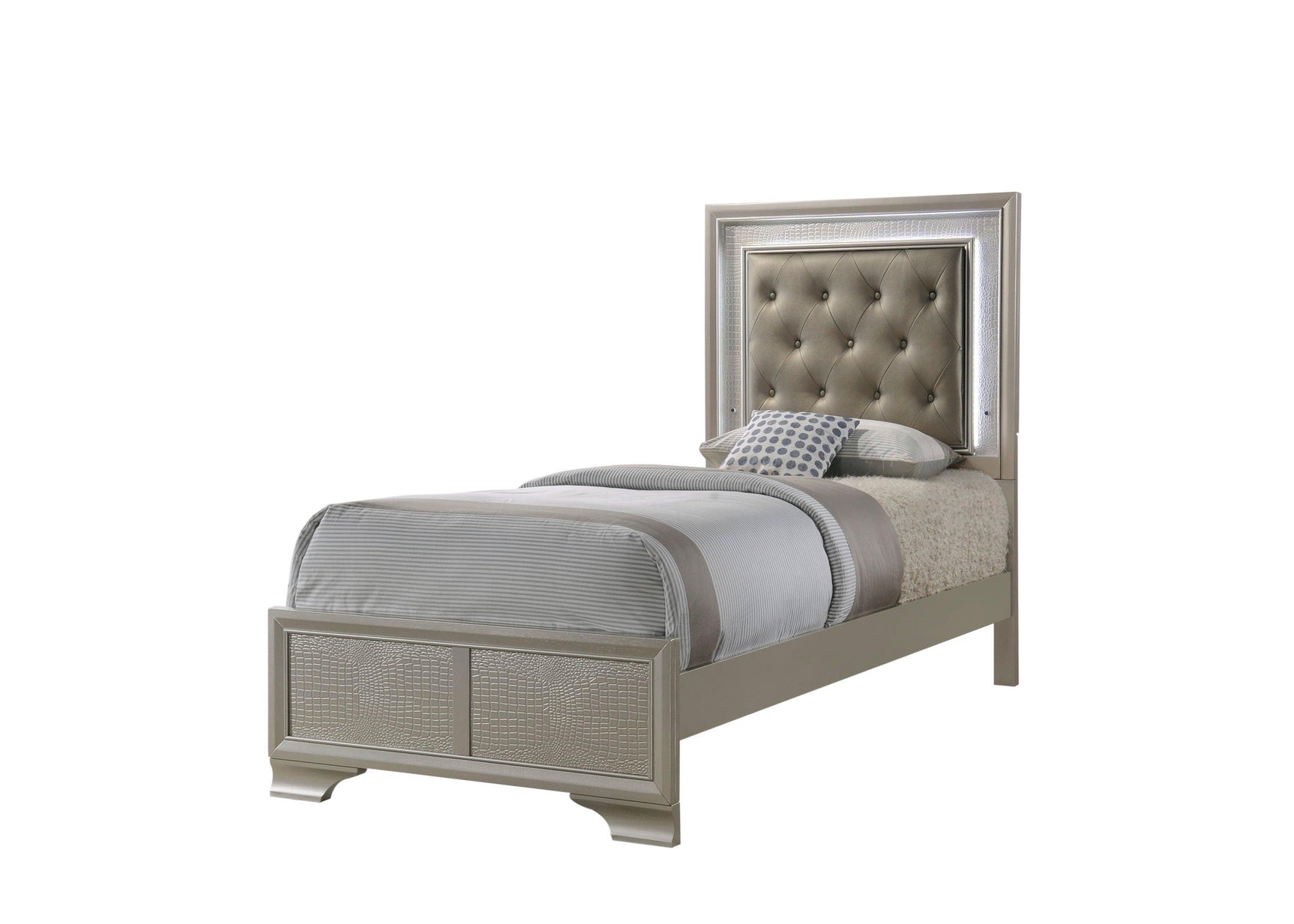 Lyssa Champagne queen bed with LED tufted faux leather headboard and footboard