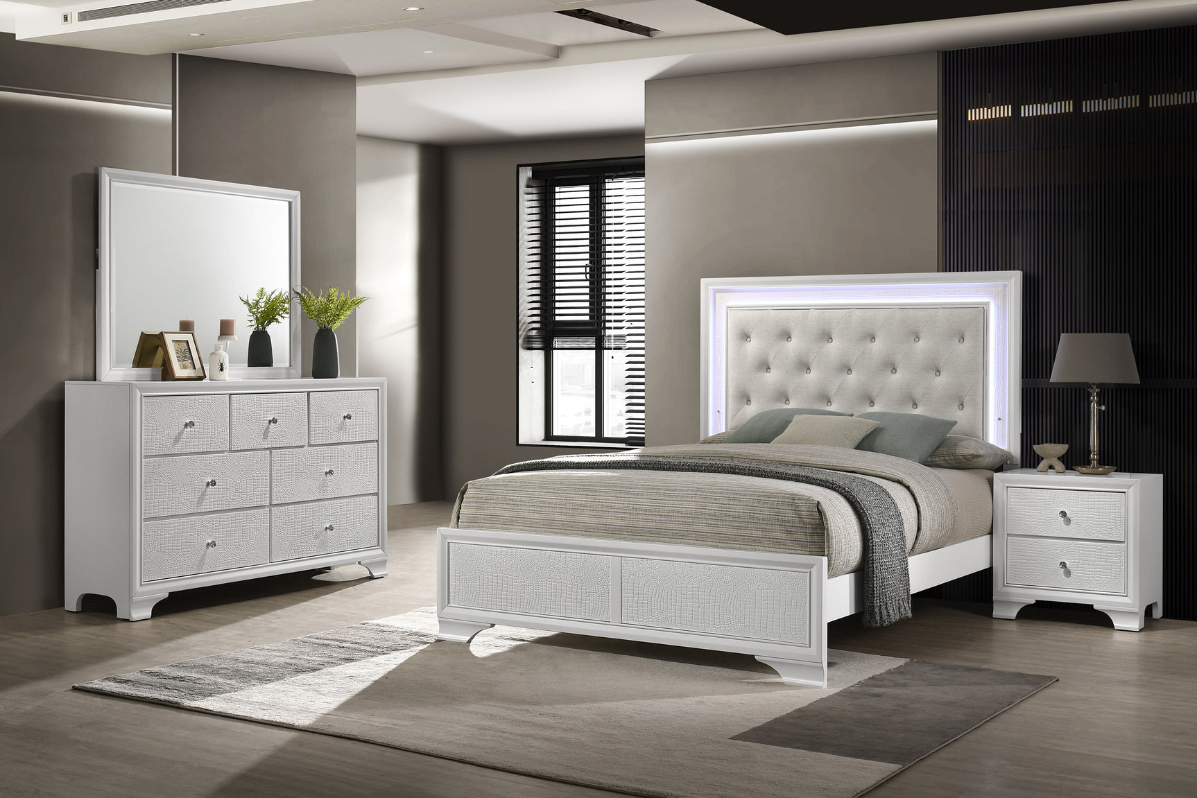 Lyssa Oat Frost LED Upholstered Tufted Panel Twin Bed