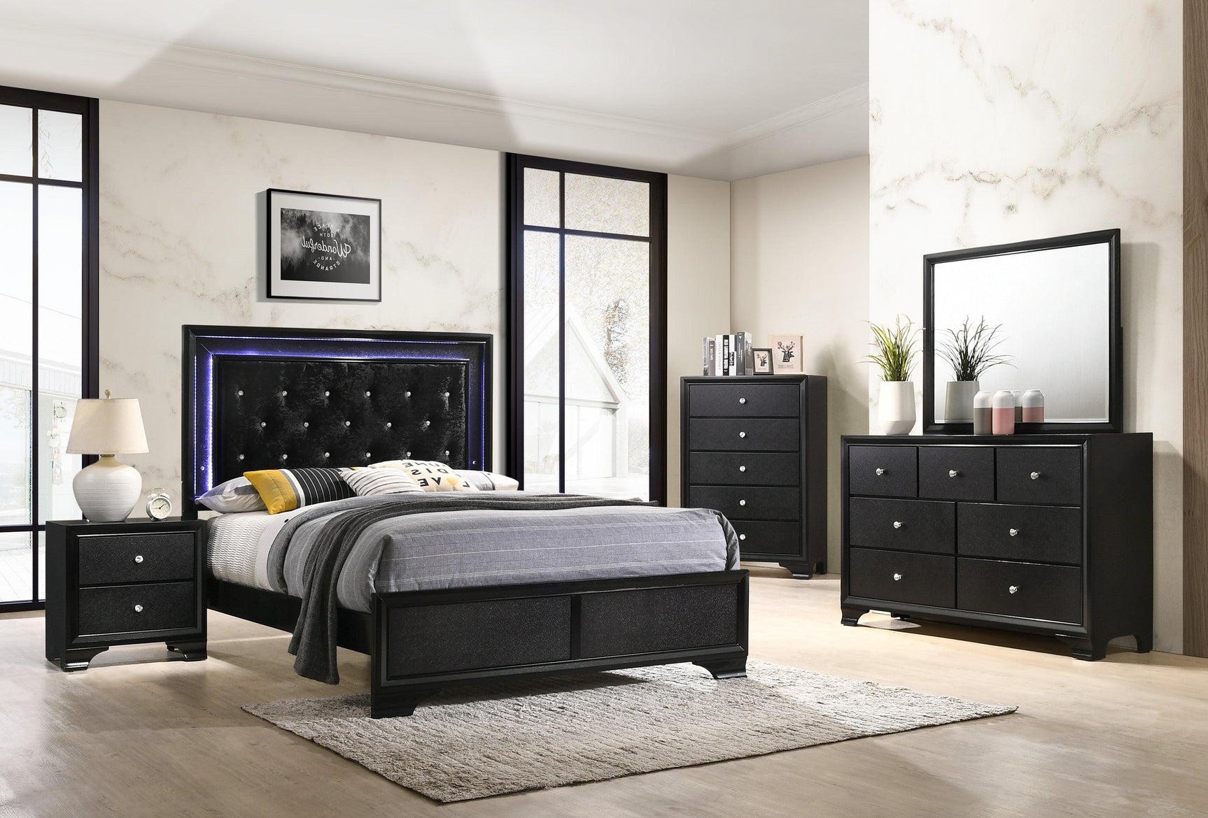 Micah Black King bed LED illuminated headboard detail