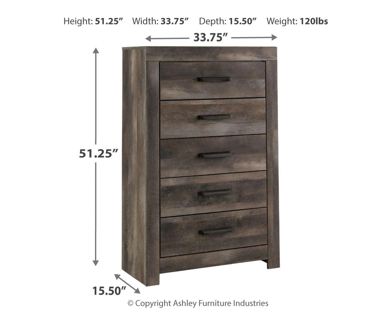 Wynnlow Gray 5-Drawer Chest dimensional drawing