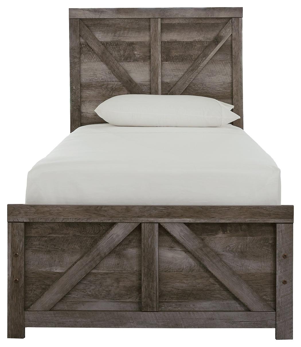 Wynnlow Gray Twin Crossbuck Panel Bed shown in bedroom setting