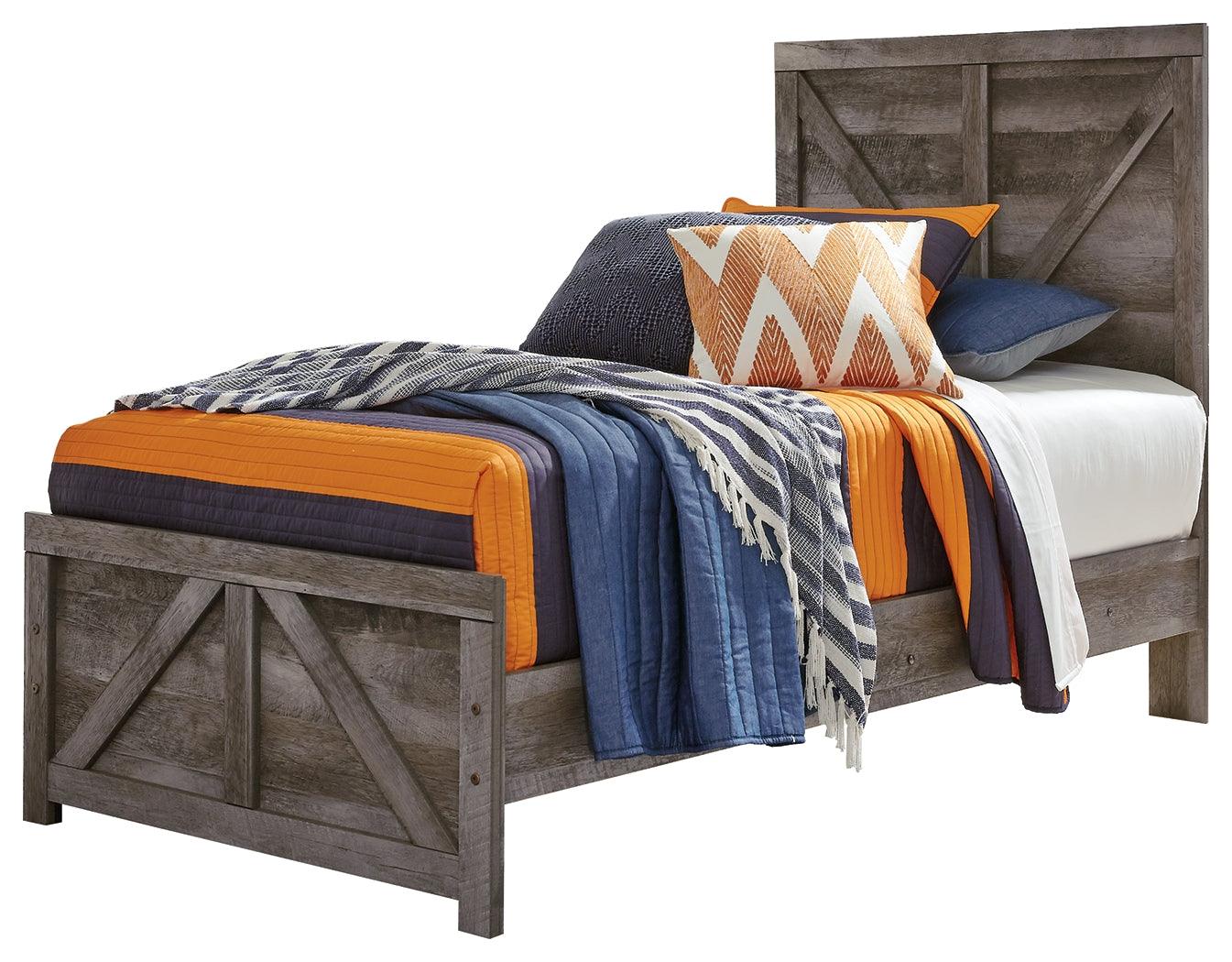 Close-up of Wynnlow Gray Twin Crossbuck headboard crossbuck design