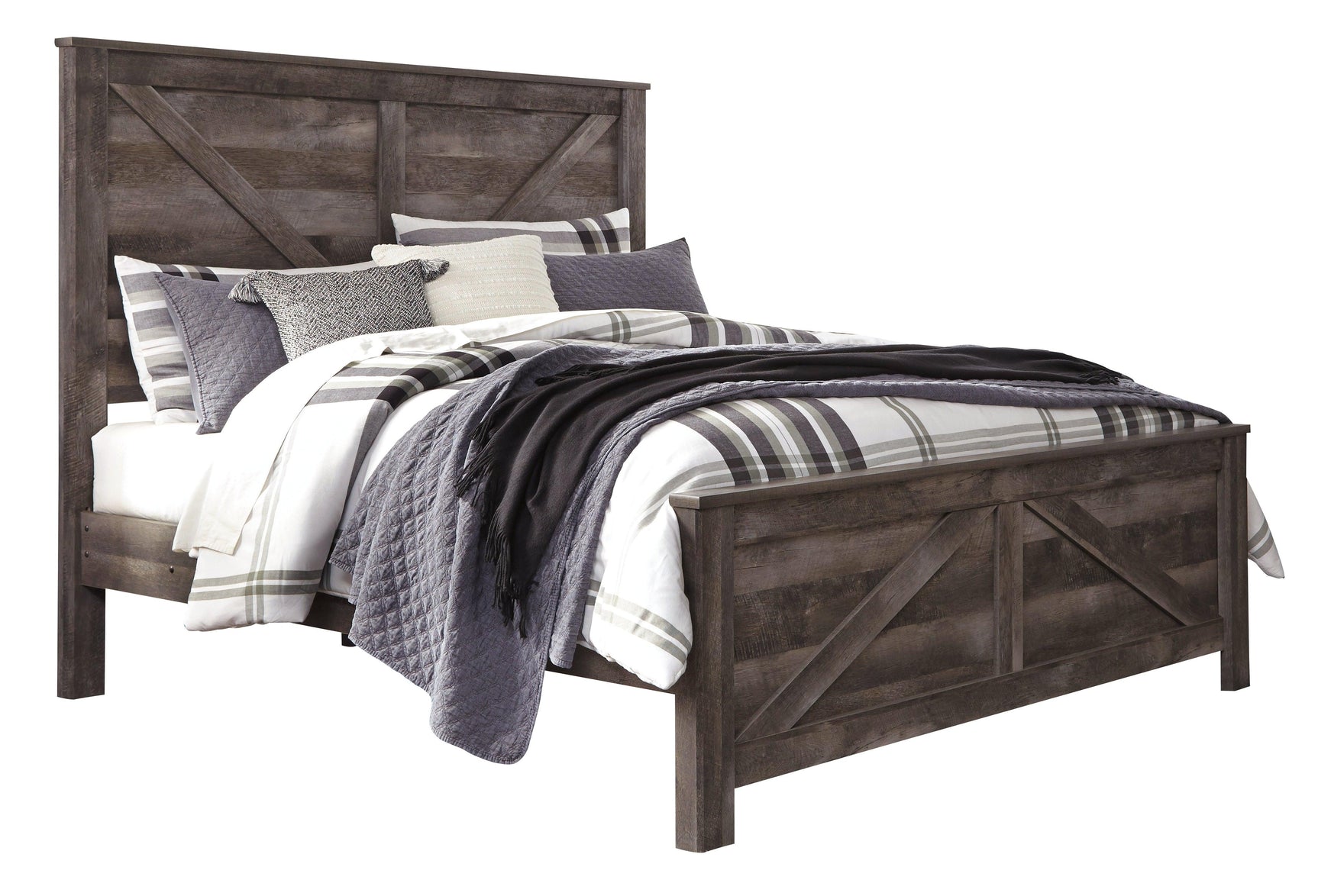 Wynnlow Gray King Crossbuck Panel Bed side angle
