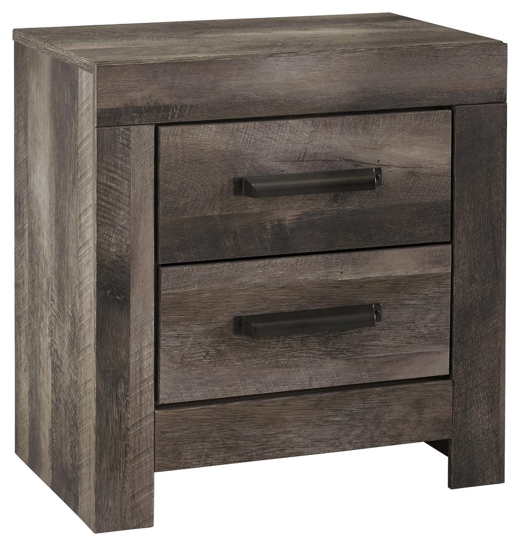 Side angle of Wynnlow Gray Nightstand highlighting weathered gray oak grain finish