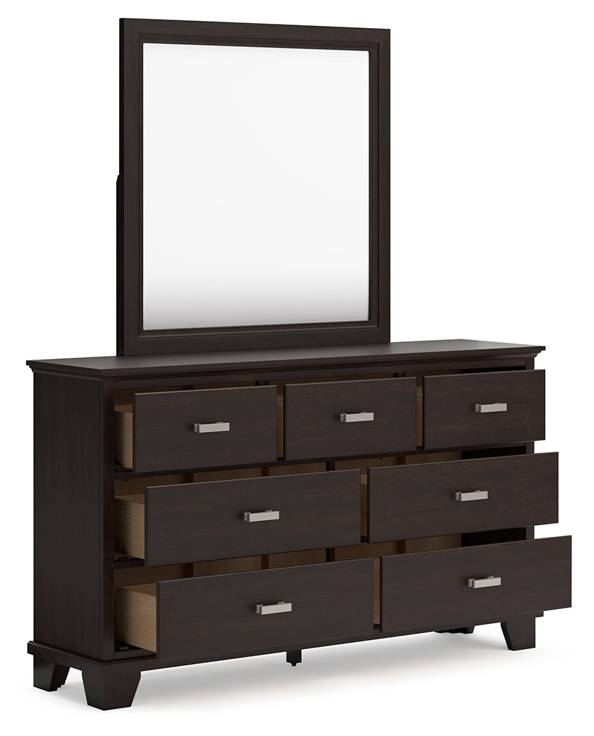Side alternate view of Covetown dresser showing drawer fronts