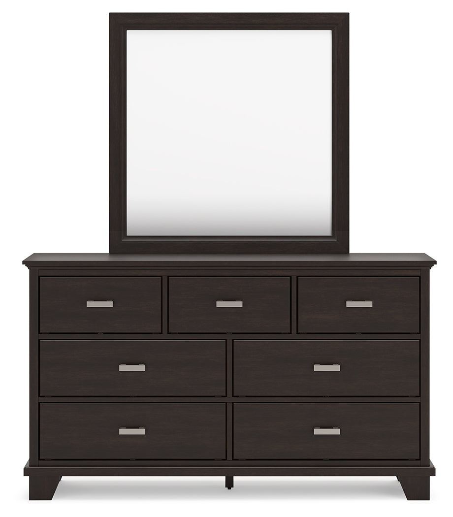 Front angled view of Covetown dresser and mirror