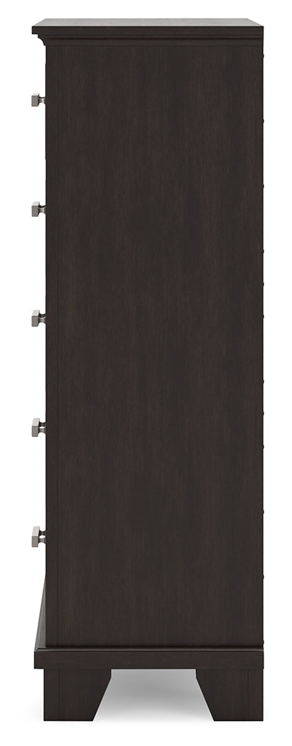 Covetown dark brown chest of drawers front view