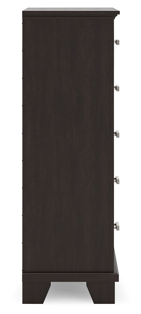 Covetown dark brown chest of drawers front view