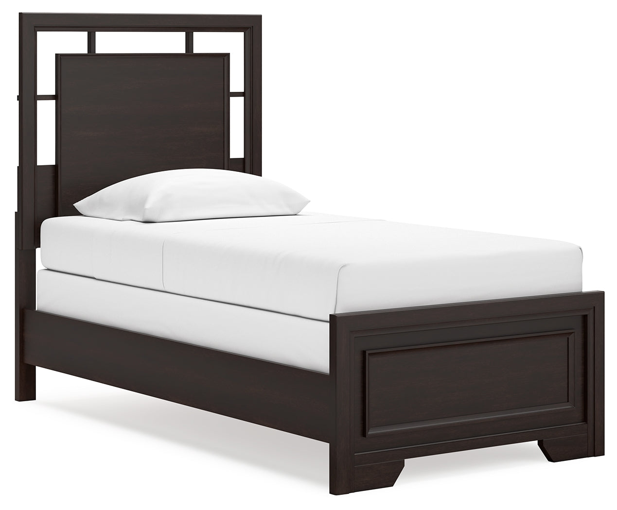 Covetown dark brown twin panel bed side angle view