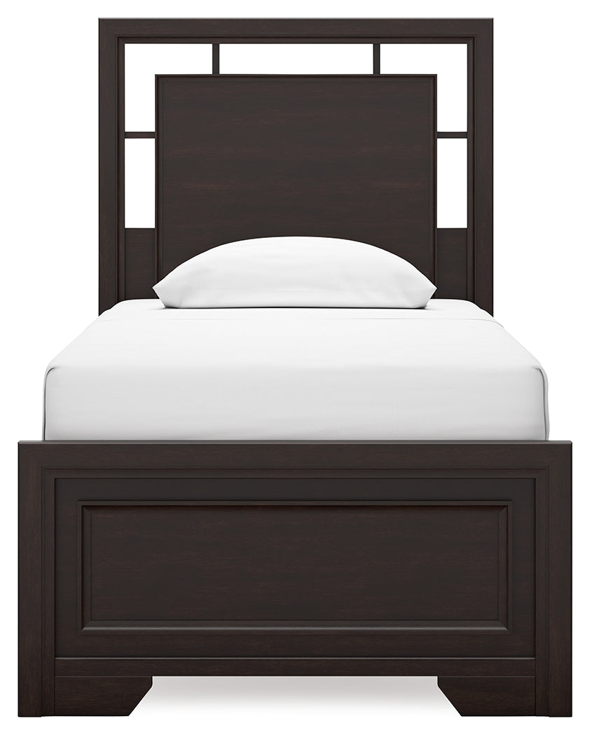 Covetown dark brown twin panel bed head-on view